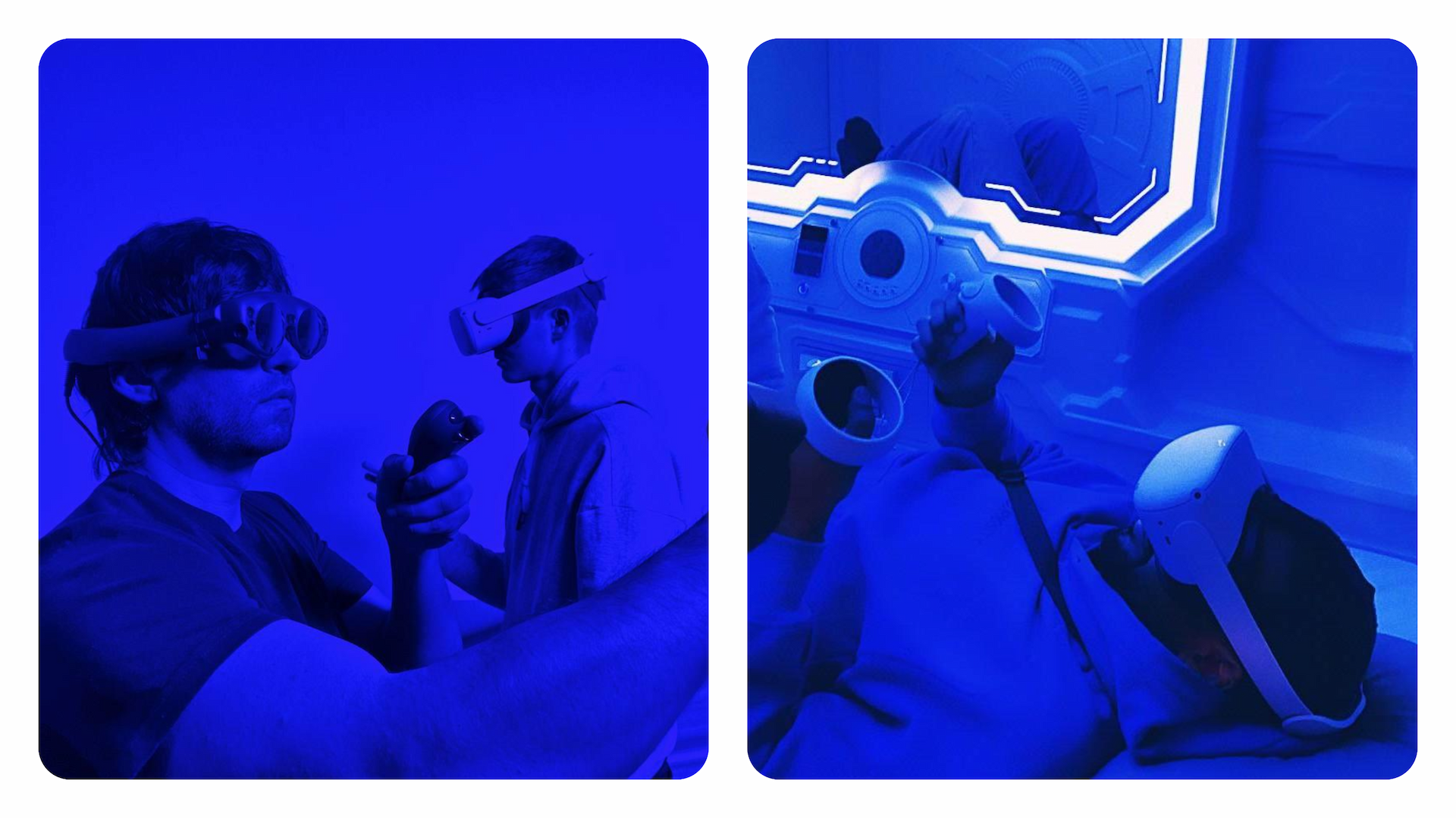 Two side-by-side images featuring individuals using virtual reality headsets and controllers in a room illuminated with blue light.